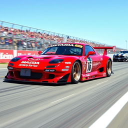 A striking 1998 Mazda RX-7 in a bold red color, designed as a race car with an aggressive widebody kit, enhancing its aerodynamic profile