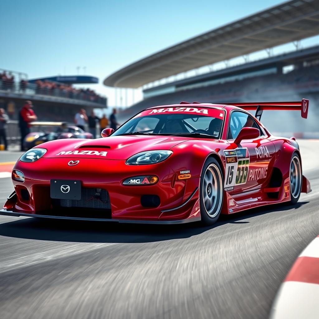 A striking 1998 Mazda RX-7 in a bold red color, designed as a race car with an aggressive widebody kit, enhancing its aerodynamic profile