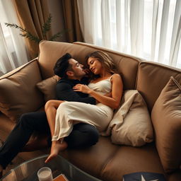 A romantic scene featuring a man and a woman lying on a stylish, plush couch in a softly lit, cozy living room