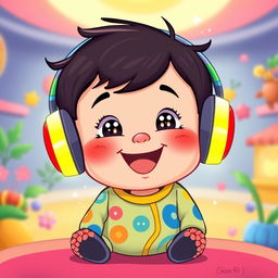 A charming cartoon-style illustration of a baby boy with dark hair, joyfully wearing colorful headphones