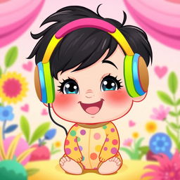 A charming cartoon-style illustration of a baby boy with dark hair, joyfully wearing colorful headphones