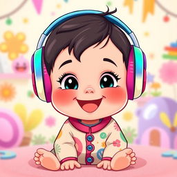 A charming cartoon-style illustration of a baby boy with dark hair, joyfully wearing colorful headphones