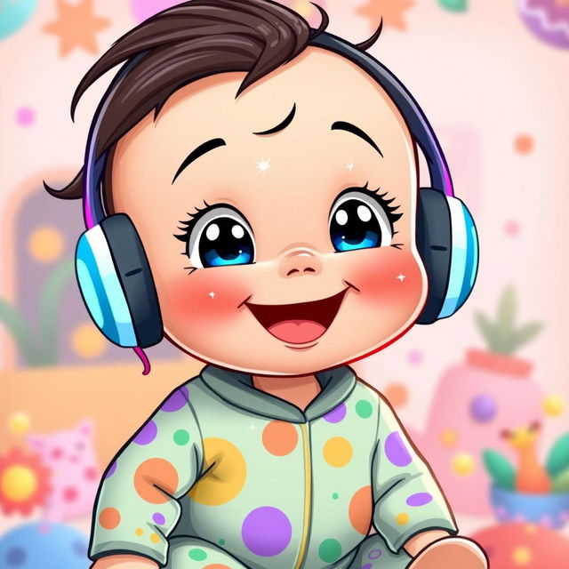 A charming cartoon-style illustration of a baby boy with dark hair, joyfully wearing colorful headphones