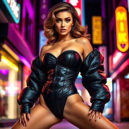 A stunning woman in a tight, shiny black puffer corset, exuding confidence as she poses with her legs spread in a bold stance