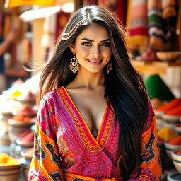 A beautiful Arab woman with striking features, long flowing dark hair, and wearing a colorful traditional outfit