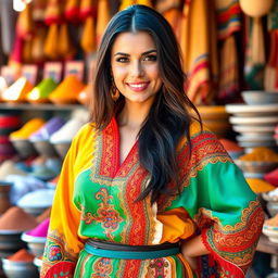 A beautiful Arab woman with striking features, long flowing dark hair, and wearing a colorful traditional outfit