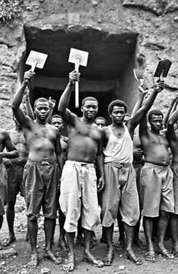A historical scene depicting protesting black miners standing together in solidarity in front of the Onyeama mines in Nigeria, in the year 1949