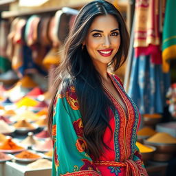 A beautiful Arab woman with striking features, long flowing dark hair, and wearing a colorful traditional outfit