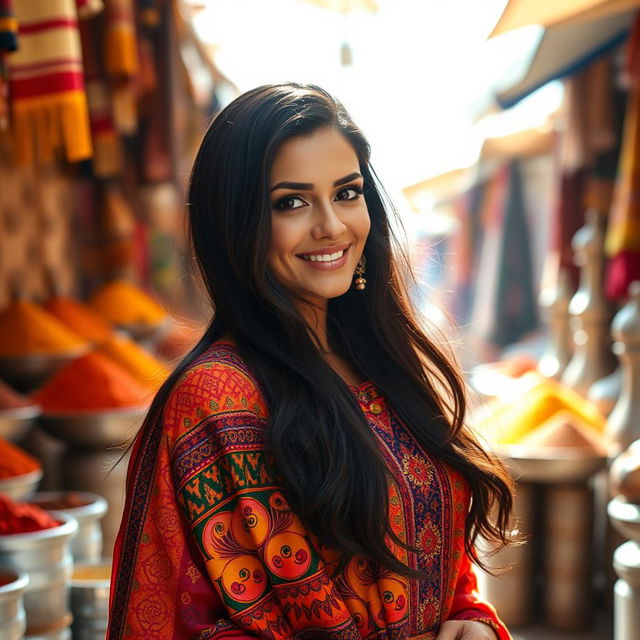 A beautiful Arab woman with striking features, long flowing dark hair, and wearing a colorful traditional outfit