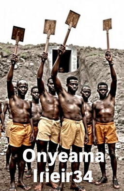 A historical scene depicting protesting black miners standing together in solidarity in front of the Onyeama mines in Nigeria, in the year 1949