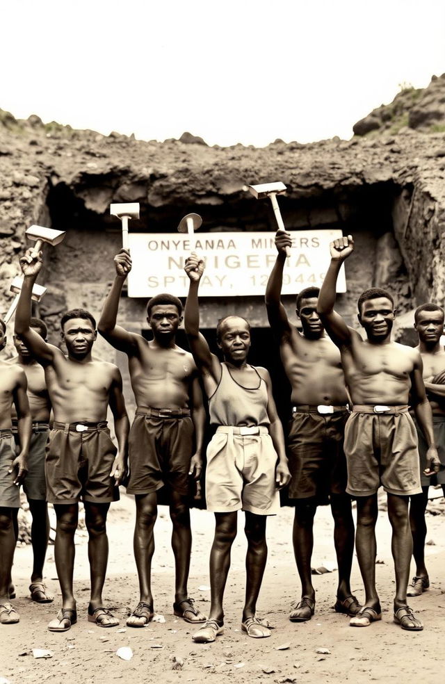 A historical scene depicting protesting black miners standing together in solidarity in front of the Onyeama mines in Nigeria, in the year 1949