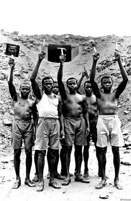 A historical scene depicting protesting black miners standing together in solidarity in front of the Onyeama mines in Nigeria, in the year 1949