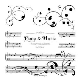 A black and white sheet music cover design for a piano and vocal arrangement, featuring elegant musical notes and staff lines