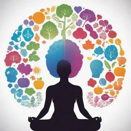 A vibrant image illustrating the concept of improving health and mental wellness, showing symbols like healthy food, exercise, nature, brain, and a meditating silhouette shrouded in peaceful aura.