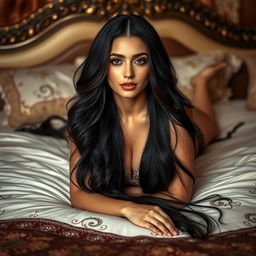 An elegant Arab woman with stunning features, long flowing dark hair cascading around her, laying gracefully on an ornate bed