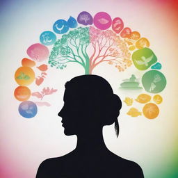 A vibrant image illustrating the concept of improving health and mental wellness, showing symbols like healthy food, exercise, nature, brain, and a meditating silhouette shrouded in peaceful aura.