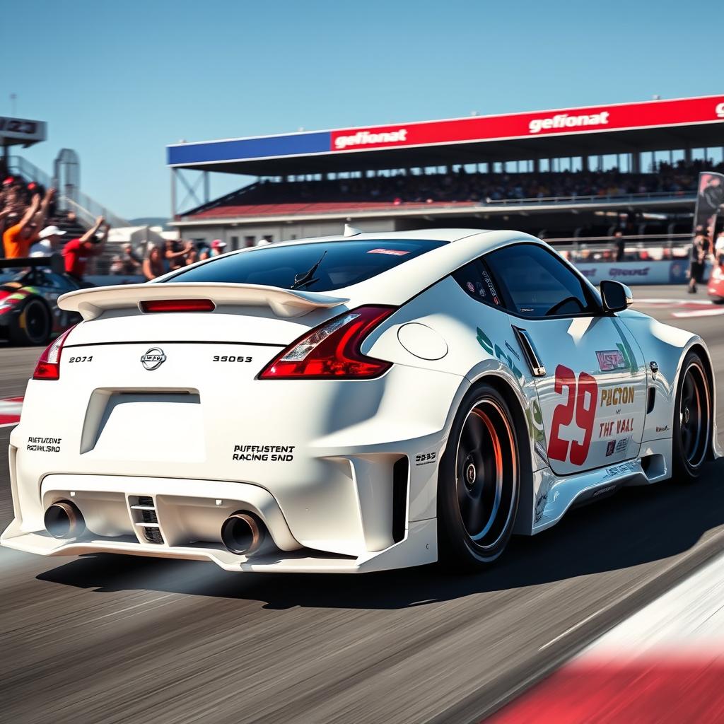 A stunning Nissan 350Z in an eye-catching white color, designed as a race car with an aggressive widebody kit that enhances its performance aesthetics