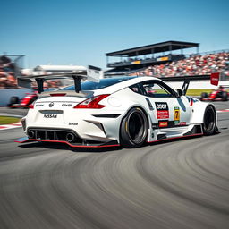 A stunning Nissan 350Z in an eye-catching white color, designed as a race car with an aggressive widebody kit that enhances its performance aesthetics