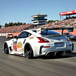 A stunning Nissan 350Z in an eye-catching white color, designed as a race car with an aggressive widebody kit that enhances its performance aesthetics