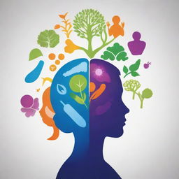 A vibrant image illustrating the concept of improving health and mental wellness, showing symbols like healthy food, exercise, nature, brain, and a meditating silhouette shrouded in peaceful aura.