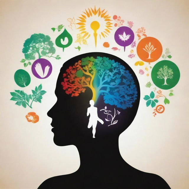 A vibrant image illustrating the concept of improving health and mental wellness, showing symbols like healthy food, exercise, nature, brain, and a meditating silhouette shrouded in peaceful aura.