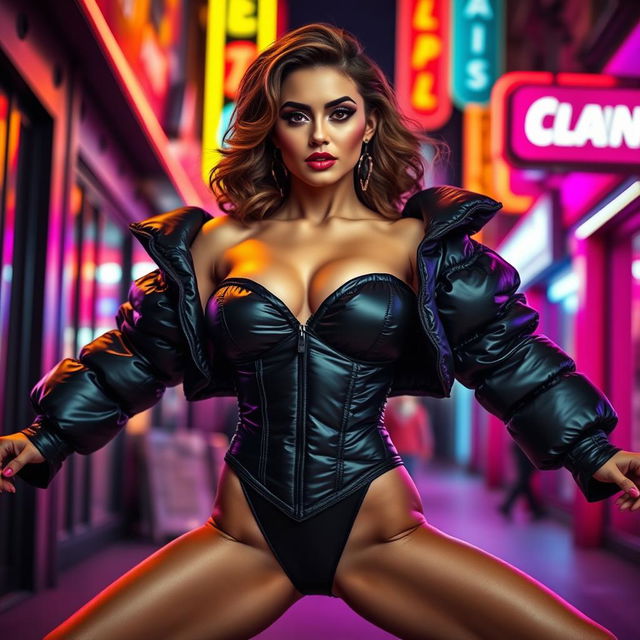 A captivating woman in a tight, shiny black puffer corset, exuding confidence as she poses with her legs spread in a bold and empowering stance