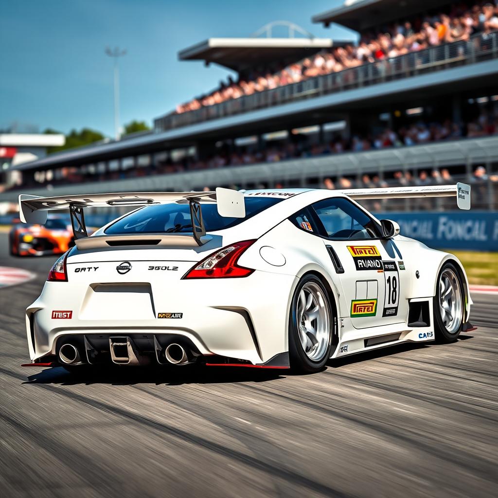 A dynamic Nissan 350Z in a sleek white color, engineered as a race car with a striking widebody kit that amplifies its aggressive appearance