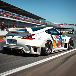 A dynamic Nissan 350Z in a sleek white color, engineered as a race car with a striking widebody kit that amplifies its aggressive appearance