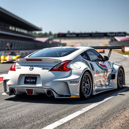 A dynamic Nissan 350Z in a sleek white color, engineered as a race car with a striking widebody kit that amplifies its aggressive appearance