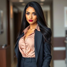 A beautiful woman with an attractive appearance, tall and slender body, proportional physique, bright skin, long sleek black hair, large breasts, stunning face with sharp eyes, exuding confidence and allure