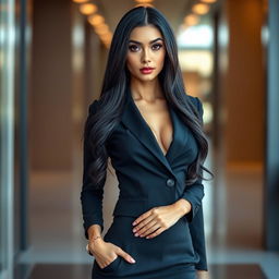 A beautiful woman with an attractive appearance, tall and slender body, proportional physique, bright skin, long sleek black hair, large breasts, stunning face with sharp eyes, exuding confidence and allure