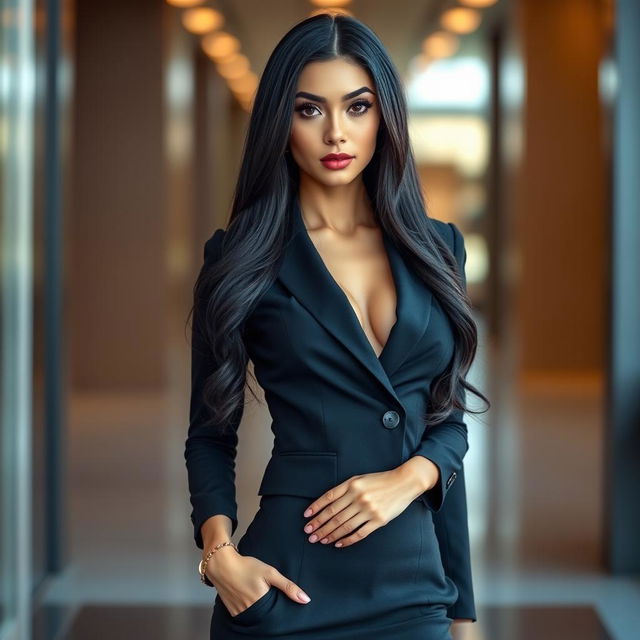 A beautiful woman with an attractive appearance, tall and slender body, proportional physique, bright skin, long sleek black hair, large breasts, stunning face with sharp eyes, exuding confidence and allure