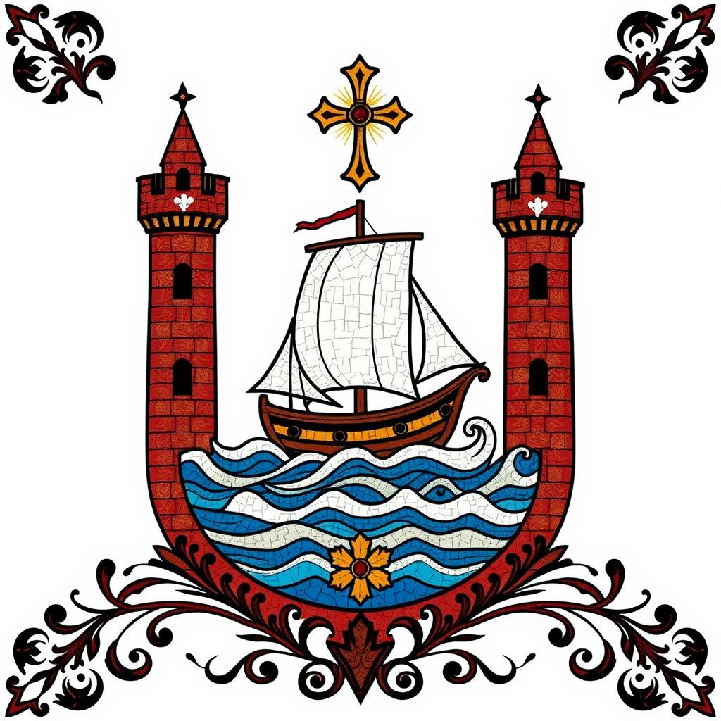 Un emblema que representa un reino medieval europeo con un enfoque en la navegación, la conquista y la devoción religiosa
