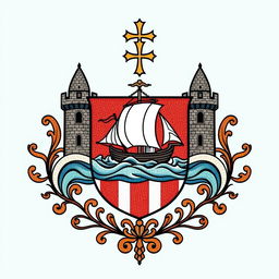 Un emblema que representa un reino medieval europeo con un enfoque en la navegación, la conquista y la devoción religiosa