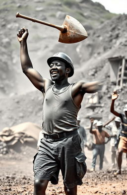 A powerful scene of a black miner protesting in 1949, wearing rugged shorts and a singlet, topped with a sturdy helmet