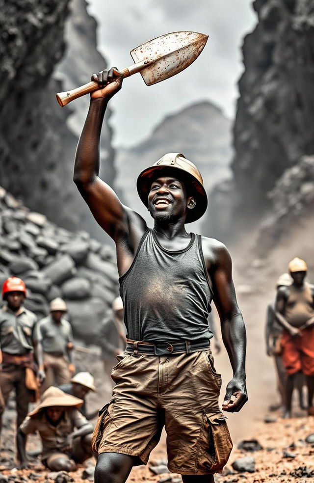 A powerful scene of a black miner protesting in 1949, wearing rugged shorts and a singlet, topped with a sturdy helmet