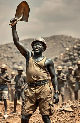 A powerful scene of a black miner protesting in 1949, wearing rugged shorts and a singlet, topped with a sturdy helmet