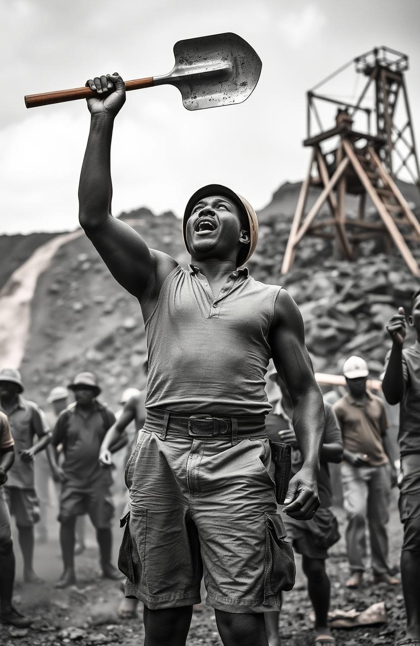 A powerful scene of a black miner protesting in 1949, wearing rugged shorts and a singlet, topped with a sturdy helmet