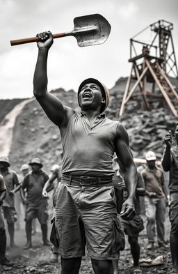 A powerful scene of a black miner protesting in 1949, wearing rugged shorts and a singlet, topped with a sturdy helmet