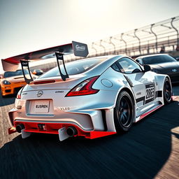 An impressive Nissan 350Z in a pristine white color, equipped with a striking widebody kit that enhances its aggressive racing aesthetics