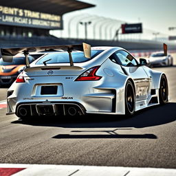 An impressive Nissan 350Z in a pristine white color, equipped with a striking widebody kit that enhances its aggressive racing aesthetics