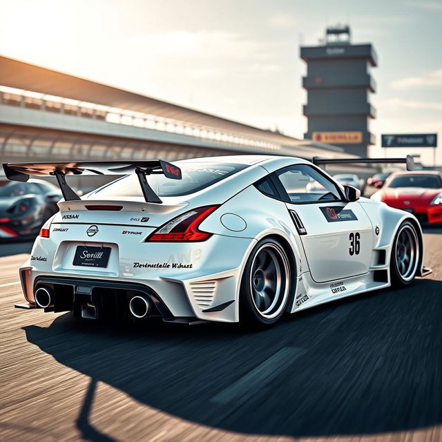 An impressive Nissan 350Z in a pristine white color, equipped with a striking widebody kit that enhances its aggressive racing aesthetics