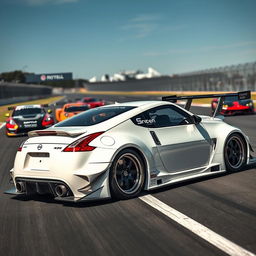 An impressive Nissan 350Z in a pristine white color, equipped with a striking widebody kit that enhances its aggressive racing aesthetics