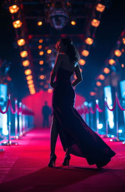 A glamorous red carpet event scene featuring a striking silhouette of a confident woman standing elegantly