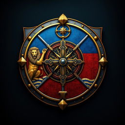 A grand medieval shield designed for a powerful empire, showcasing its strengths in conquest, navigation, and religious devotion