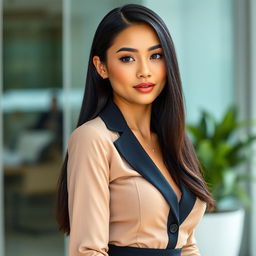 An attractive woman dressed in stylish office attire, showcasing a tall and slender body with a proportional physique