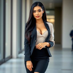 An attractive woman dressed in stylish office attire, showcasing a tall and slender body with a proportional physique