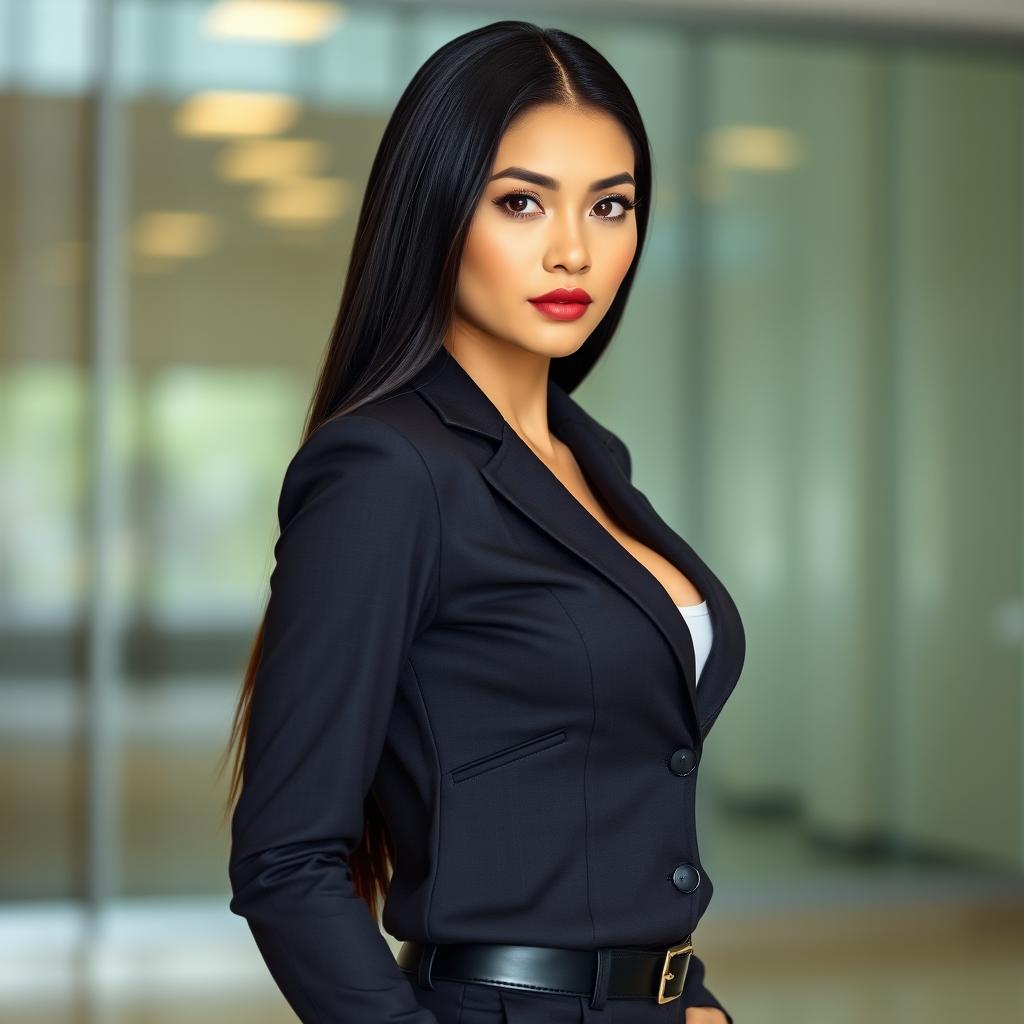 An attractive woman dressed in stylish office attire, showcasing a tall and slender body with a proportional physique