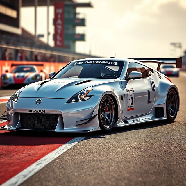 A striking Nissan 350Z in a sleek, glossy white finish, designed to embody the essence of a Le Mans race car