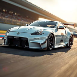 A striking Nissan 350Z in a sleek, glossy white finish, designed to embody the essence of a Le Mans race car